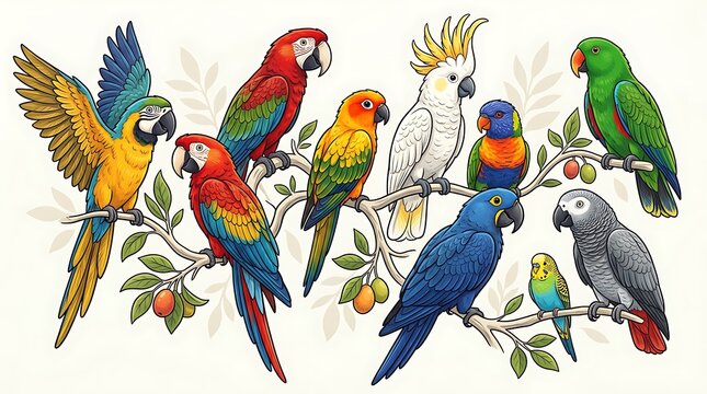 Vibrant collection of exotic tropical parrots and macaws perched on a branch, colorful illustration