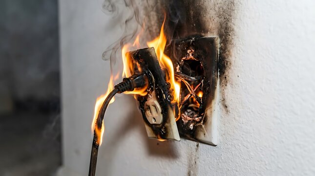 Electrical Fire Caused by Short Circuit in Overloaded Power Outlet on Wall with Smoke and Flames