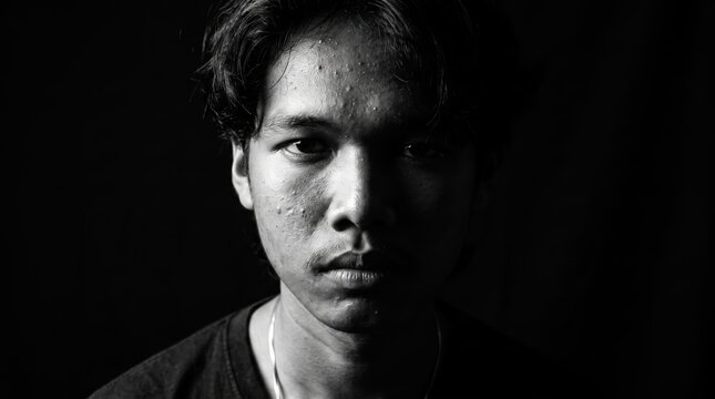Serious young man looking at camera in dramatic portrait
