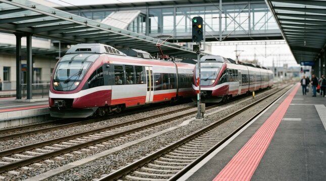 Modern passenger trains on parallel rails with station canopy, signals, and safety markers, highlighting faster intercity rail service and upgraded corridor capacity.