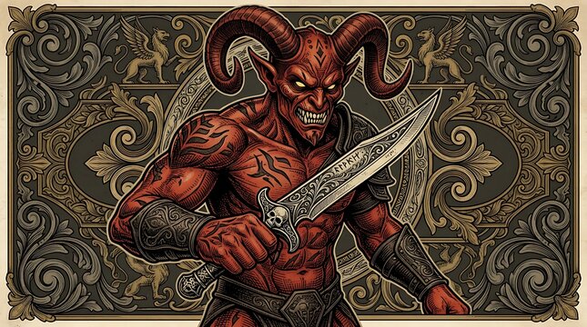 Fearsome red devil warrior with ram horns wielding an ancient rune dagger on gothic ornate backdrop