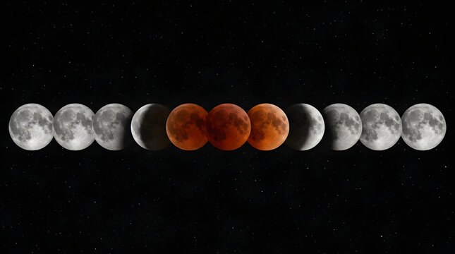 A composite sequence of a total lunar eclipse showing the transition of the moon from full white to deep red blood moon phases against a star field