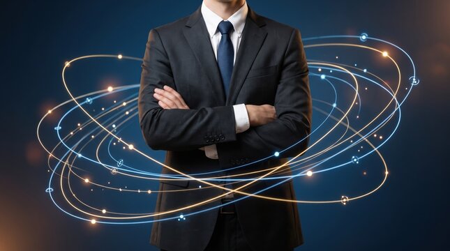 Confident businessman in dark suit standing with arms crossed surrounded by glowing atomic orbital lines and network nodes, representing science, physics, global connectivity