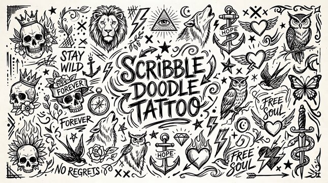 Old School Tattoo Flash Sheet with Skulls Lions Owls and Daggers in Hand Drawn Scribble Doodle Style
