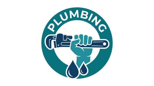 Professional plumbing logo design featuring a strong hand holding a steel wrench and water droplets