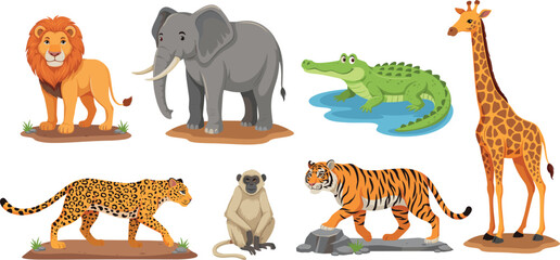 Obraz premium Wild safari animals collection set featuring lion elephant crocodile giraffe leopard monkey and tiger flat vector illustration