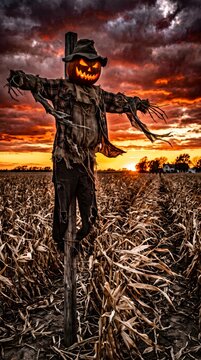 Mysterious scarecrow with a pumpkin head silhouetted against a vibrant sunset over a cornfield in a picturesque autumn setting
