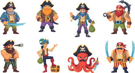 Fototapeta premium Cute cartoon pirate characters set with captain crew octopus treasure chest anchor and swords flat vector illustration