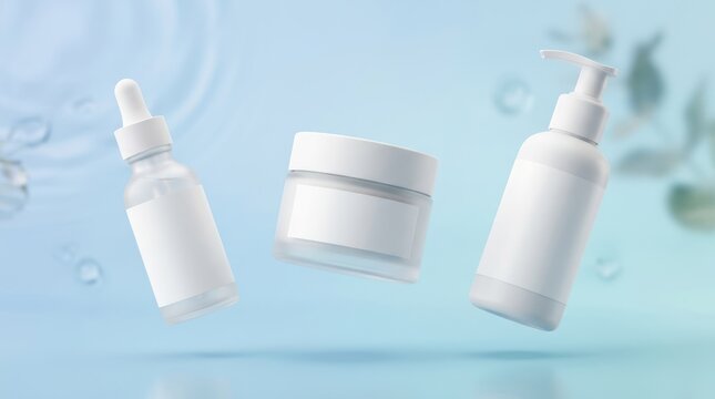 Three skincare products floating in water with a light blue background.