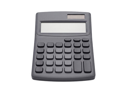 A modern dark grey calculator with a blank screen isolated on transparent background
