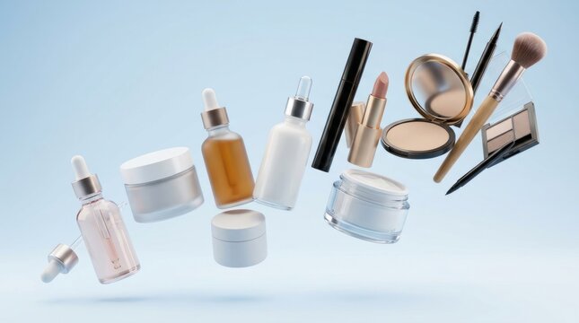 Various beauty products and makeup items floating against a light blue background.