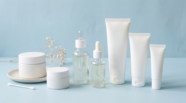 A collection of skincare products on a light blue background.