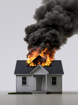 Small wooden family home burning with orange flame and thick black smoke