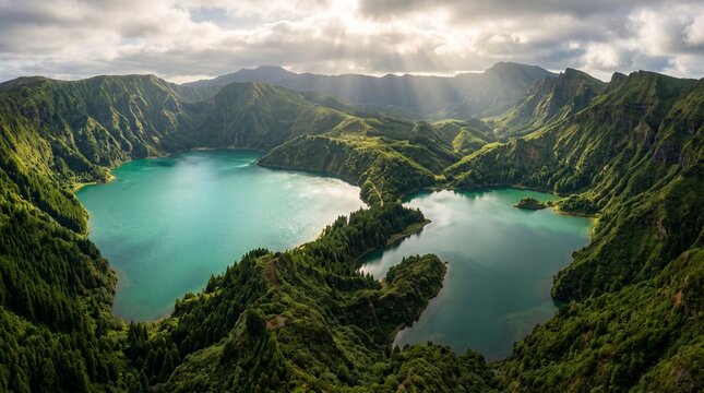 Aerial view of tropical lagoon with turquoise water surrounded by lush green islands and dramatic clouds