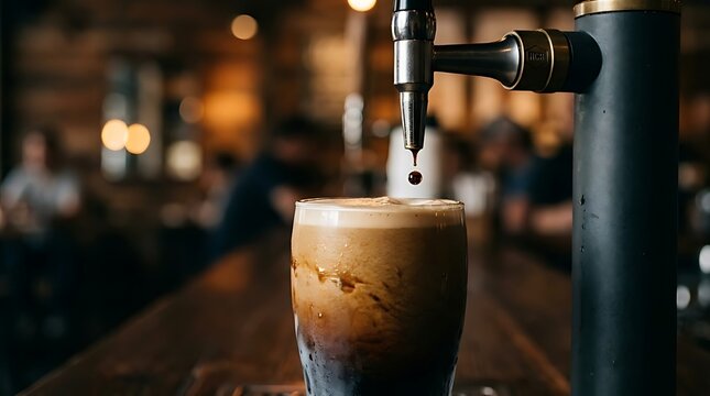 Nitro Cold Brew Coffee Pouring from Tap in Trendy Cafe