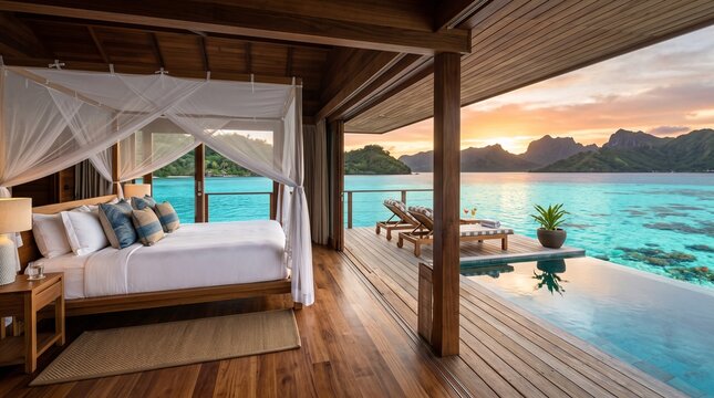 Luxury beachfront bedroom with infinity pool overlooking ocean sunset at resort villa
