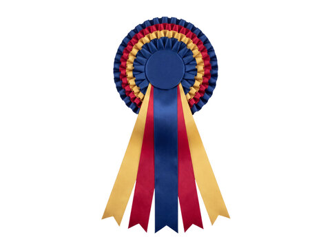 Threetiered rosette award ribbon with blue, red and gold colors isolated on transparent background
