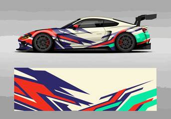Naklejka premium Colorful racing car with geometric wrap design