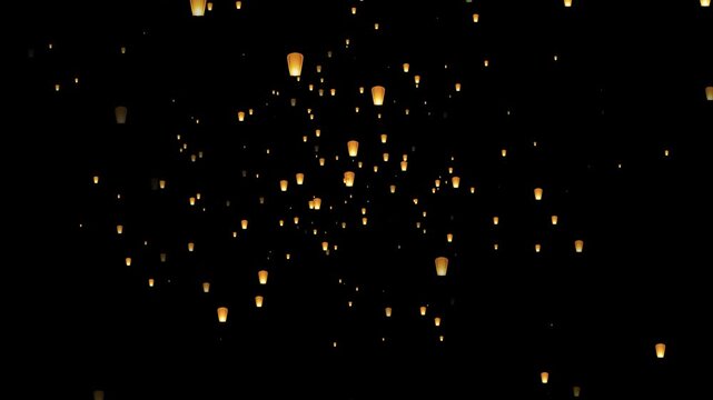 Golden Sky Lanterns Flying in Night Sky Background Animation