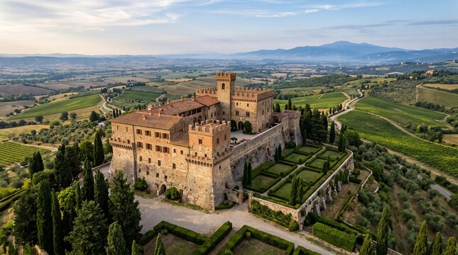Aerial view of historic medieval castle surrounded by lush green countryside and rolling hills