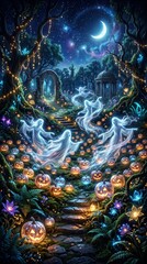 Fototapeta premium Mysterious spirits twirling around glowing pumpkin lanterns in an enchanting forest under the night sky