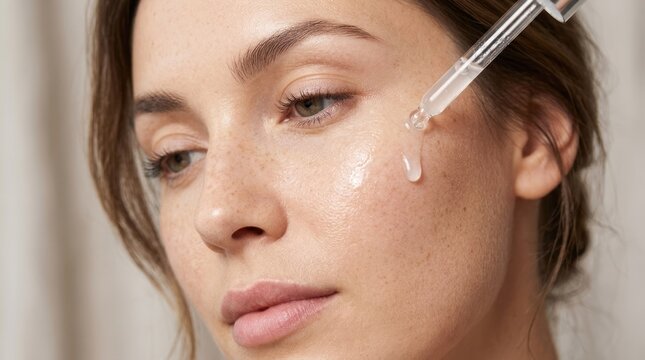 A woman applying serum to her face with a dropper.