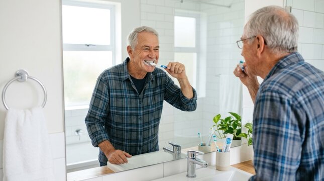 An elderly man brushing his teeth in a bathroom with a mirror.
