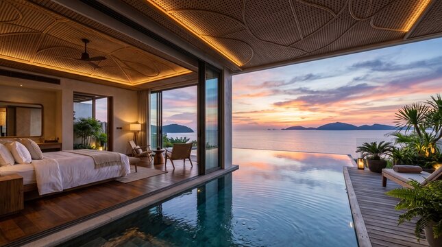 Luxury beachfront hotel bedroom with infinity pool overlooking ocean sunset view