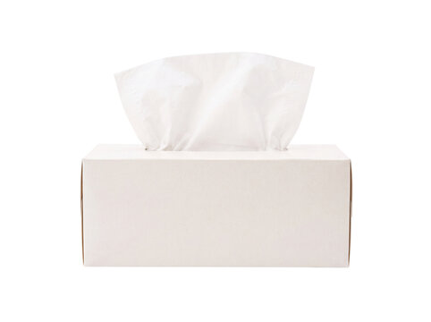 A white tissue box with a single tissue pulled out, isolated on transparent background