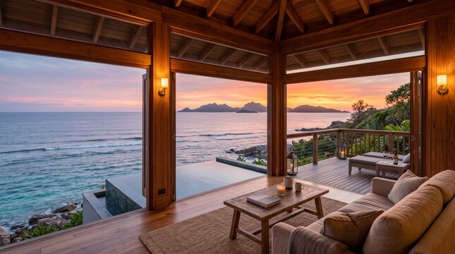 Luxury beachfront villa terrace with ocean sunset view and modern outdoor lounge seating