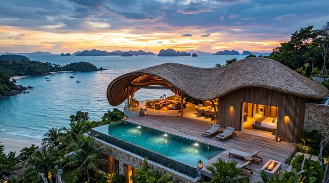 Luxury cliffside villa with infinity pool overlooking tropical ocean at sunset