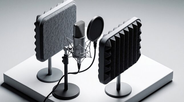 Professional condenser microphone with pop filter and acoustic panels arranged for sound recording. Equipment set up in minimal studio environment for vocal or music production.