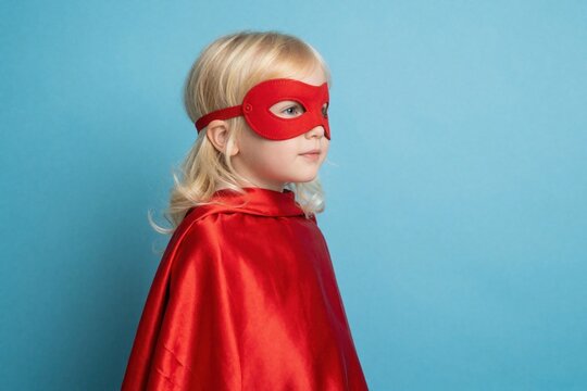 Blond girl in red superhero cape and mask stands on blue background. Child plays pretend hero, has fun, shows power. Childhood imagination and courage.