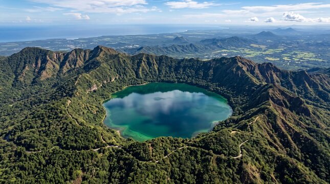 Aerial view of turquoise volcanic crater lake surrounded by lush green mountains and valleys