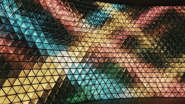 Glowing geometric triangle pattern wall with shifting colorful light waves in this abstract motion video clip