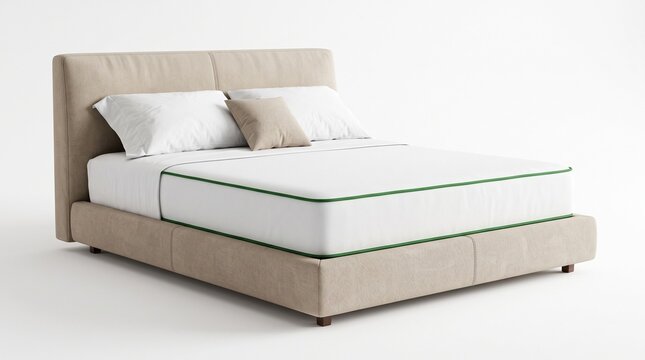 Modern minimalist beige bedroom with empty mattress and neutral linen bedding set