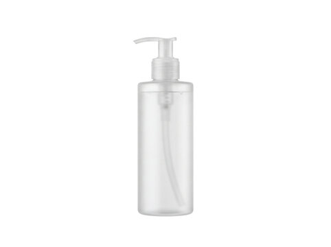Empty frosted plastic cosmetic bottle with pump dispenser isolated on transparent background