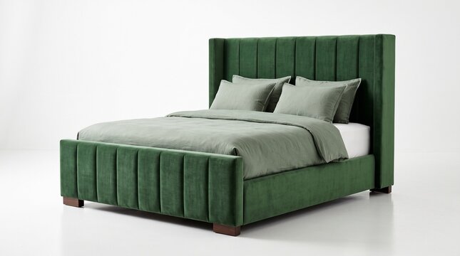 Modern dark green upholstered bed with tufted headboard in minimalist bedroom interior