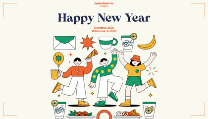 Fototapeta premium happy new year celebration with people and party elements