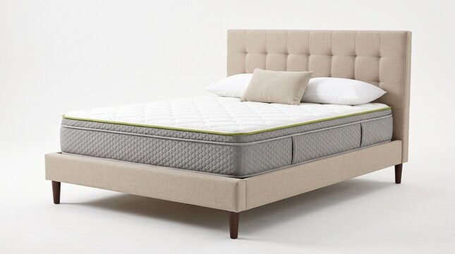 Modern beige tufted upholstered bed with gray mattress in minimalist neutral bedroom interior