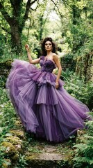 Fototapeta premium Elegant Woman in Purple Dress Walking Through Forest Nature Scene.