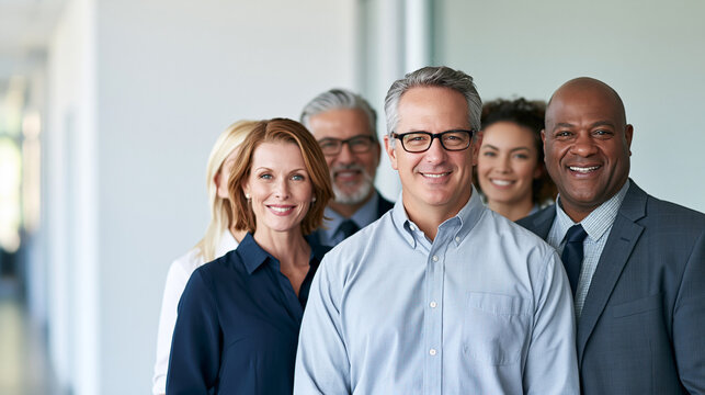 Diverse Group of Happy Smiling Multiethnic Business Professionals Standing in Office Hallway