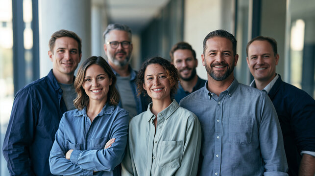 Diverse Group of Happy Smiling Creative Coworkers and Business Professionals Standing in Office Hallway