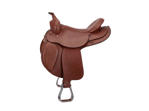 Brown leather western saddle isolated on transparent background