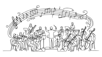 Fototapeta premium Orchestra performance, conductor leading musicians playing instruments, musical notes