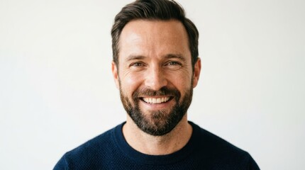 Fototapeta premium A man with a beard smiling against a white background.