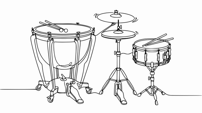 Continuous line drawing of a drum kit with timpani, snare, and cymbals on transparent background