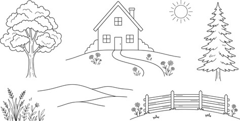Fototapeta premium Country House and Nature Landscape Vector Icon Set for Rural Environment Graphic Designs