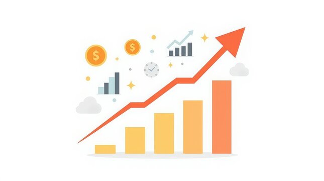 Bar chart with a rising arrow illustrates positive economic growth and successful financial investment outcomes.