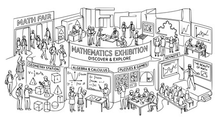 Obraz premium Mathematics Exhibition, People Learning & Exploring Science, Education Event, Drawing